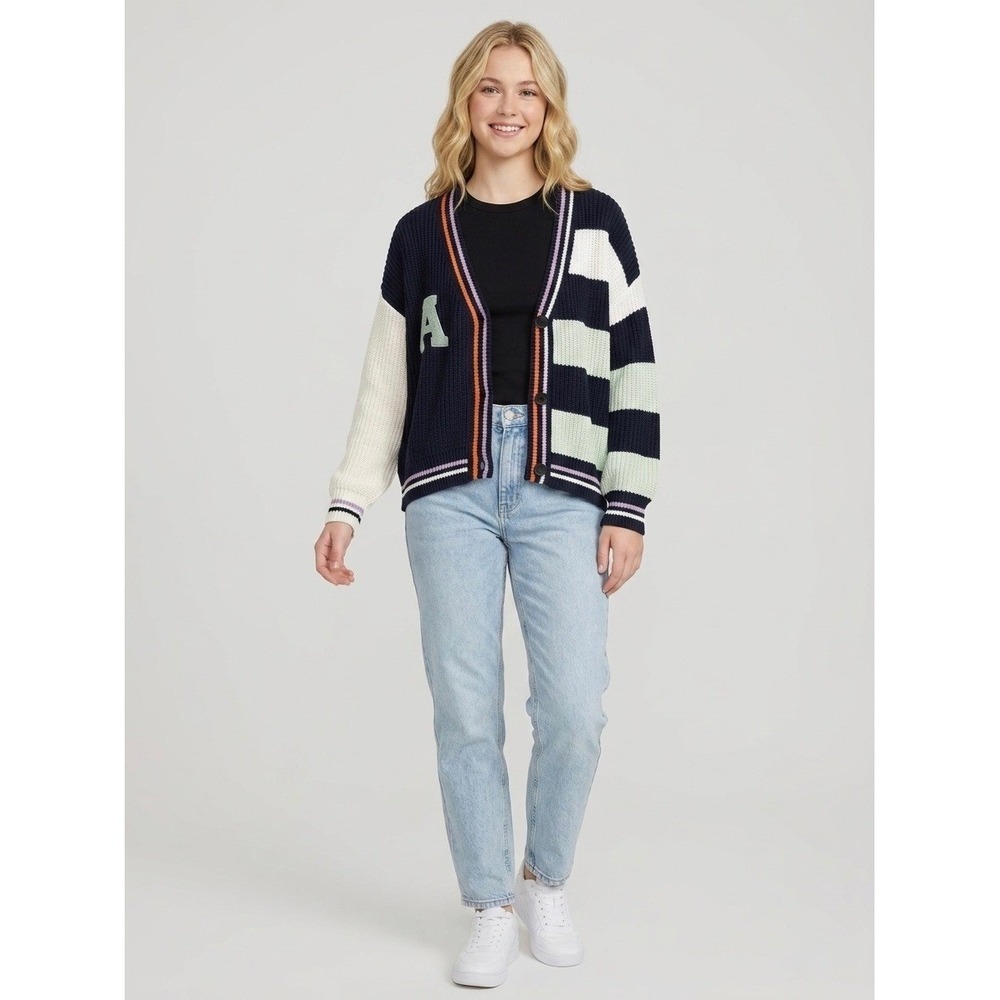 Daily Practice by Anthropologie Varsity Cardigan Navy Colorblock Striped Size S